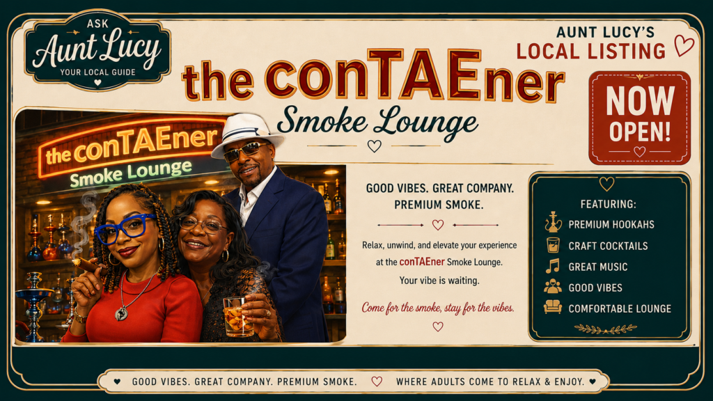 Promotional banner for Aunt Lucy's local listing: the conTAEner Smoke Lounge with three people posing in a bar and a Now Open badge.