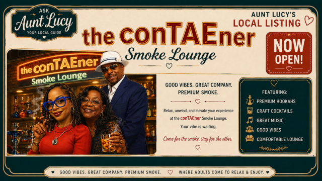 Promotional banner for Aunt Lucy's local listing: the conTAEner Smoke Lounge with three people posing in a bar and a Now Open badge.