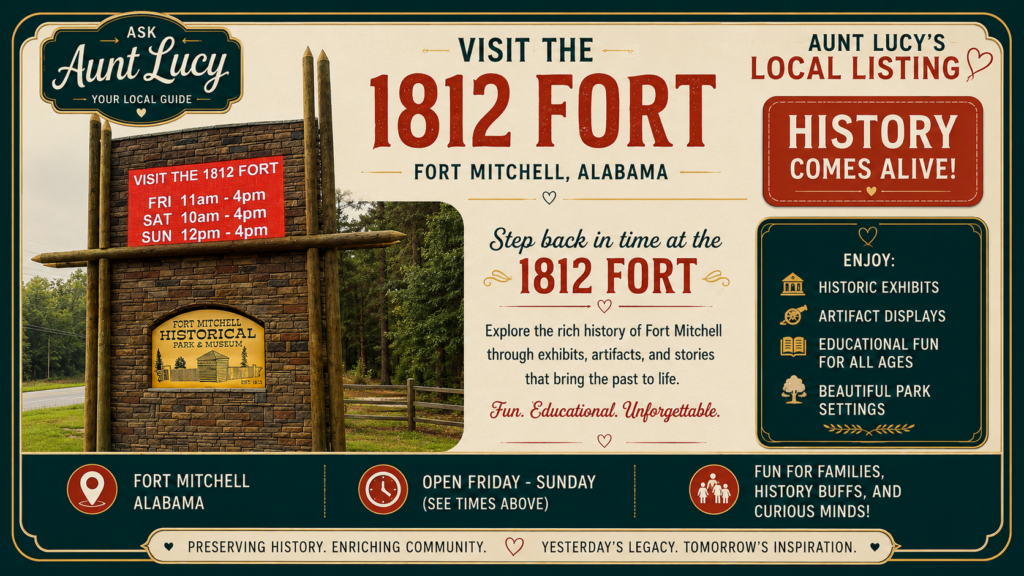Promotional poster for Aunt Lucy's Local Listing: Visit the 1812 Fort in Fort Mitchell, Alabama for historic exhibits and family-friendly activities.