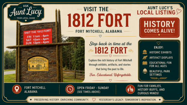 Promotional poster for Aunt Lucy's Local Listing: Visit the 1812 Fort in Fort Mitchell, Alabama for historic exhibits and family-friendly activities.