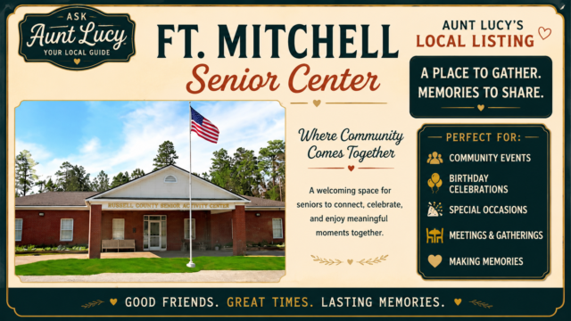 Poster-style banner advertising Aunt Lucy's Local Listing for Ft. Mitchell Senior Center, featuring a photo of the Russell County Senior Activity Center with an American flag.