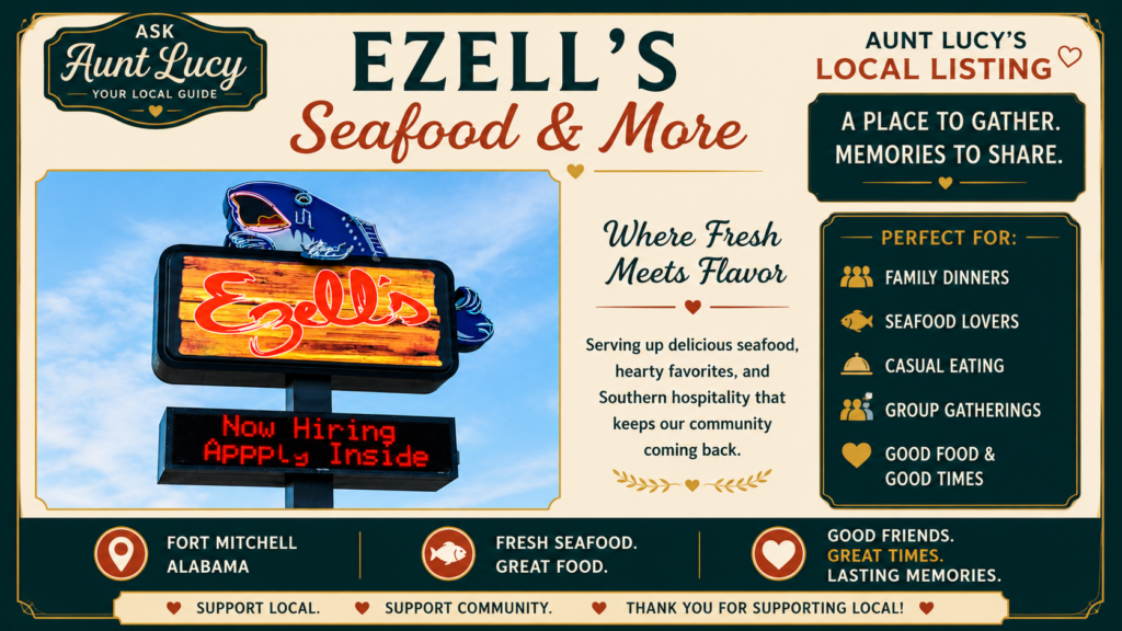 Promotional poster for Ezell's Seafood & More featuring a large Ezell's sign and sections about local listings and family-friendly dining.