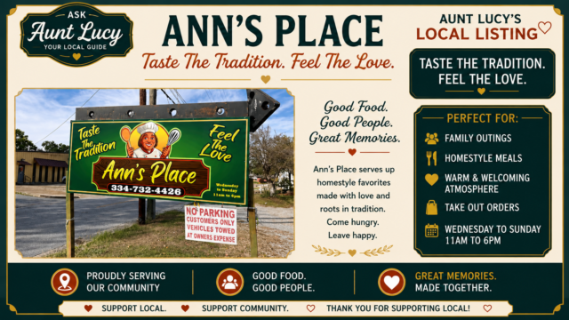 Promotional banner for Aunt Lucy’s Local Listing: large 'ANN’S PLACE' title, slogan 'Taste The Tradition. Feel The Love.', and a photo of the green Ann’s Place sign.