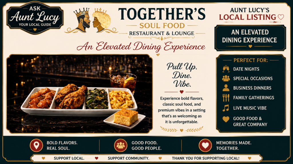 Promotional banner for Together’s Soul Food Restaurant & Lounge showing a tray of entrées and a dessert on the left, with the headline 'An Elevated Dining Experience' across the center.