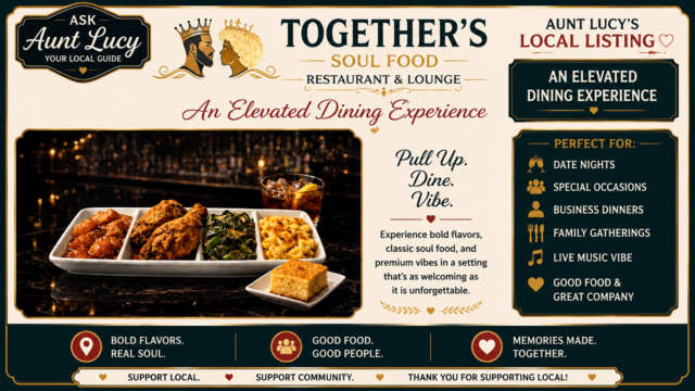 Promotional banner for Together’s Soul Food Restaurant & Lounge showing a tray of entrées and a dessert on the left, with the headline 'An Elevated Dining Experience' across the center.